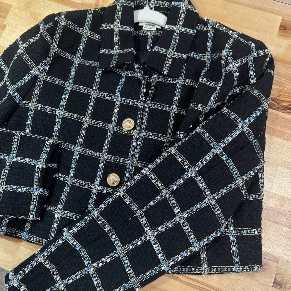 Jason Wu Designer Chic Black Gold Plaid Cropped Women's Jacket